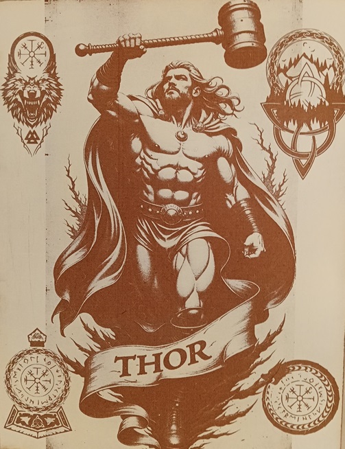 Lamina madera MDF grabada Dios Thor y runas