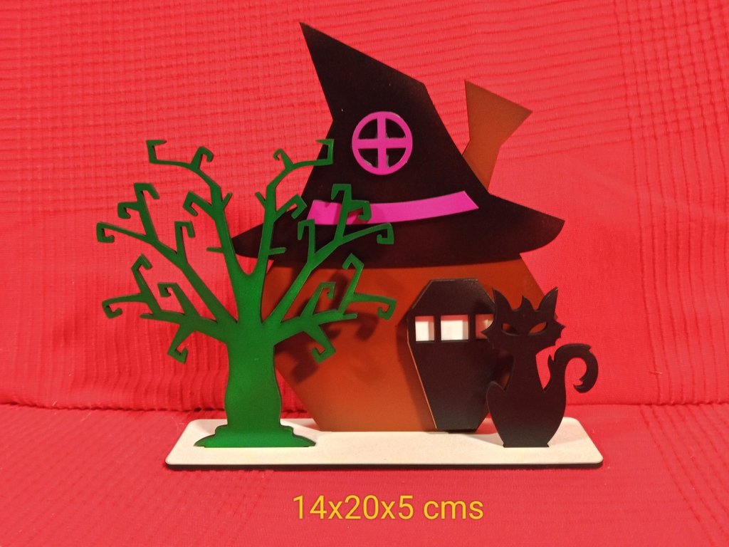 Figura Halloween casa árbol gato 3 piezas
